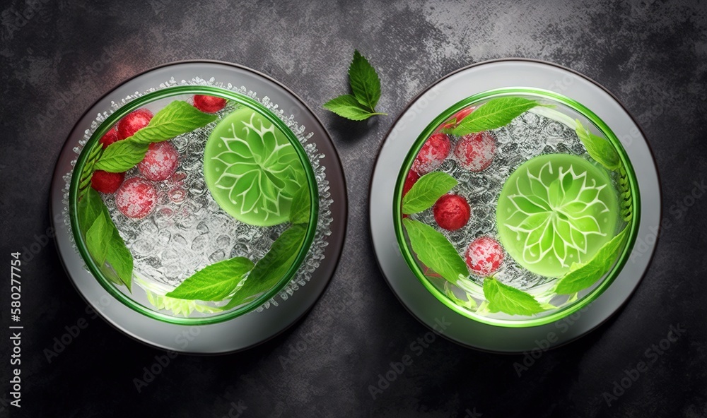  two bowls filled with ice and fruit on top of a black table with green leaves on top of the bowls a