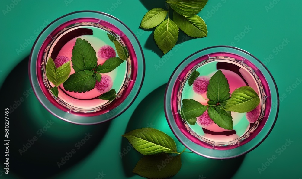  two glasses filled with pink and green liquid with leaves on the rims and one with a green leaf on 