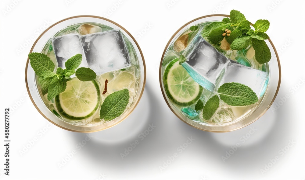  two glasses of mojito with limes and mints on a white background with shadows on the glass and a sh