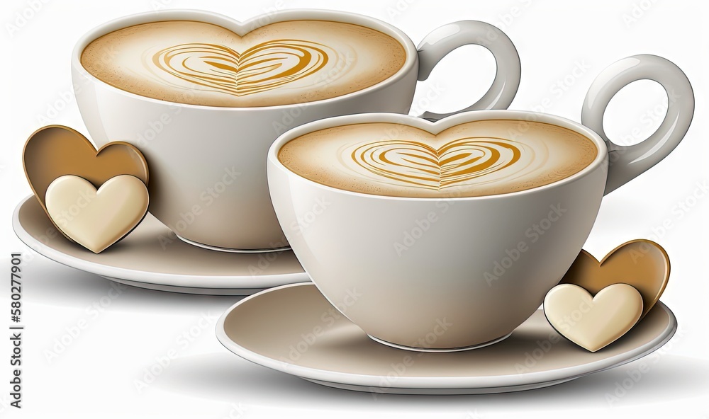  two cups of coffee with hearts on the saucer and saucer on the saucer, one with a heart on the sauc