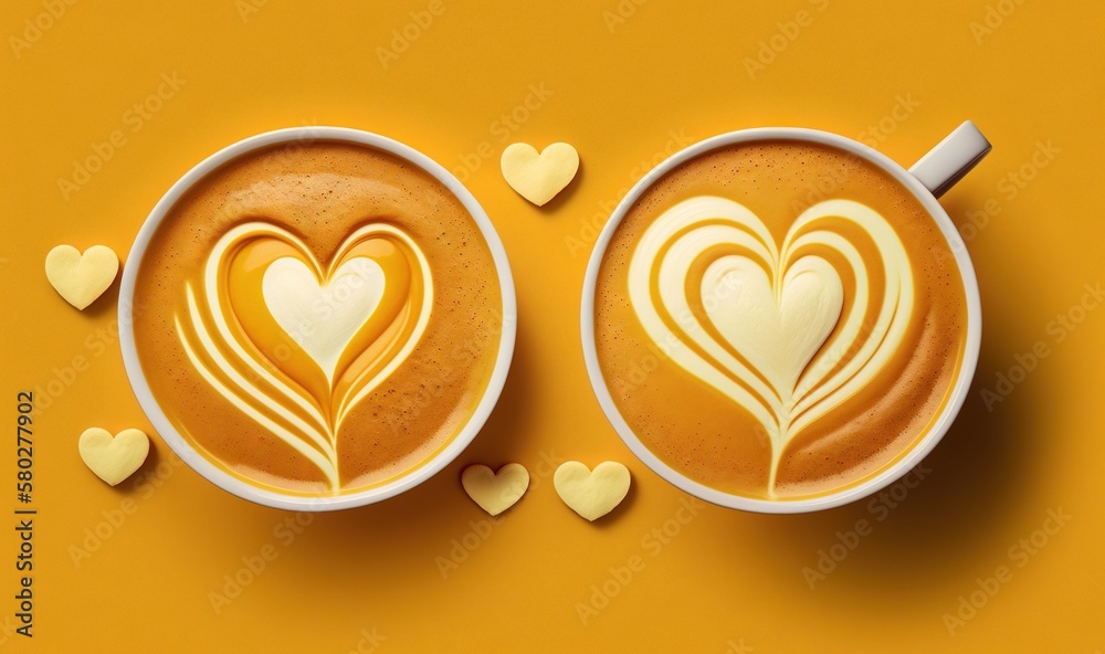  a couple of cups of coffee with hearts drawn on the top of them on a yellow background with hearts 