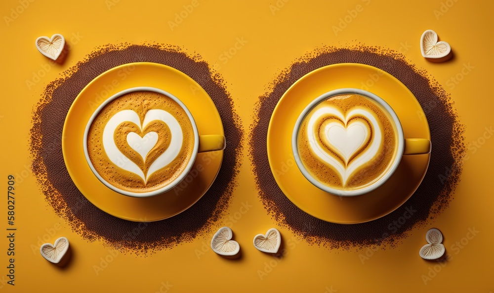  two cups of cappuccino with hearts drawn on the top of the cups on a yellow plate with hearts aroun