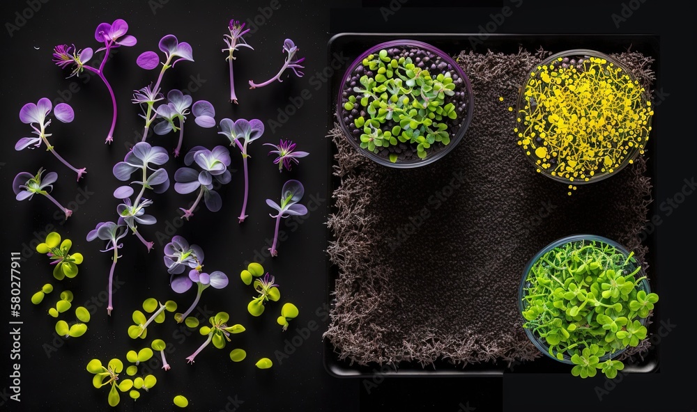  a table topped with different types of flowers and plants next to a tray of dirt and dirt on top of