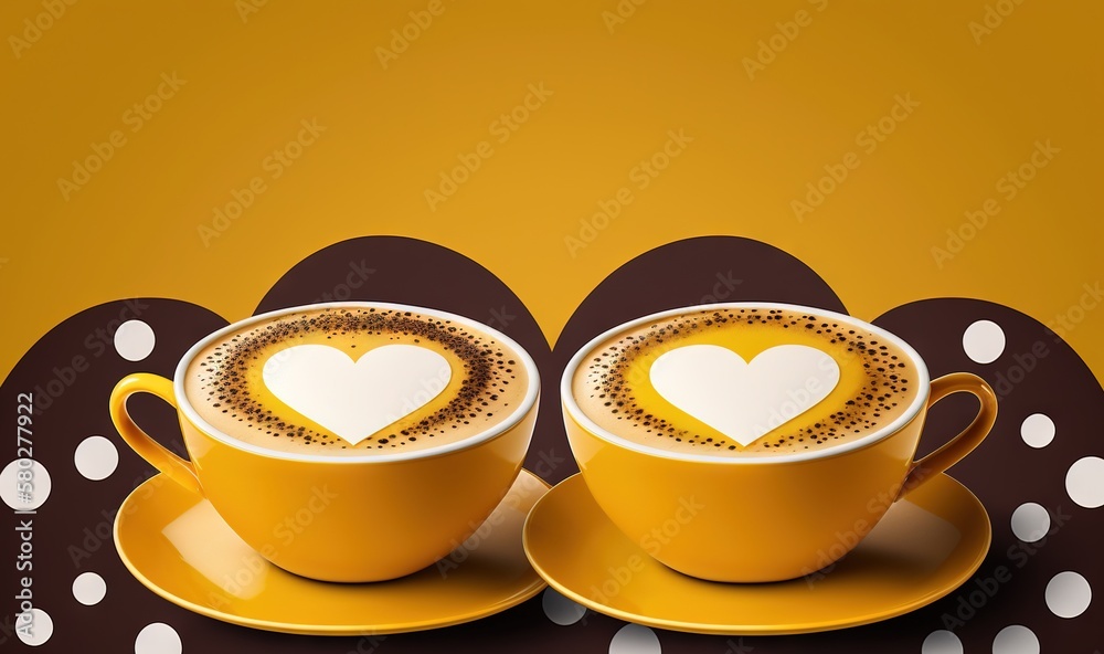  two cups of coffee with a heart on them on a polka dot tablecloth with a yellow background and a bl