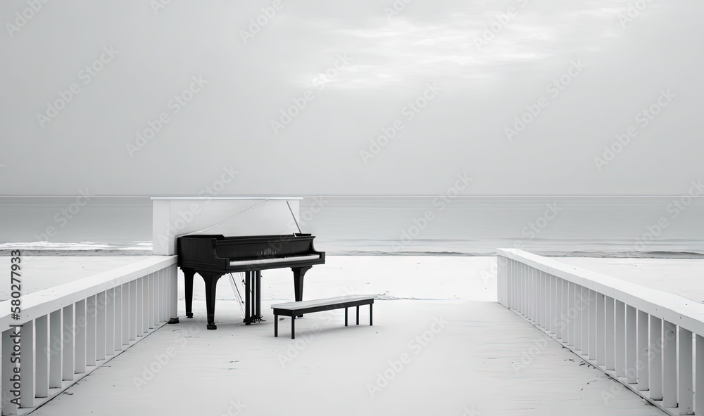  a piano sitting on top of a white fence next to the ocean with a bench in front of it and the ocean