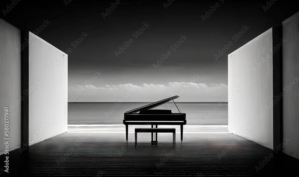  a black and white photo of a piano in an open doorway to a beach with a dark sky in the background 