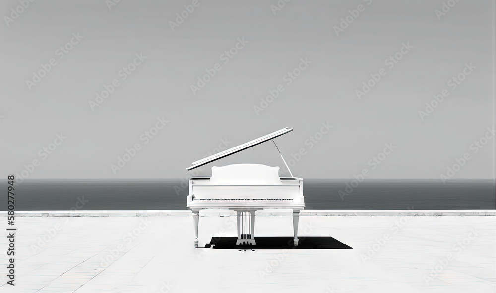  a white piano sitting on top of a tiled floor next to the ocean with a black and white photo of a p