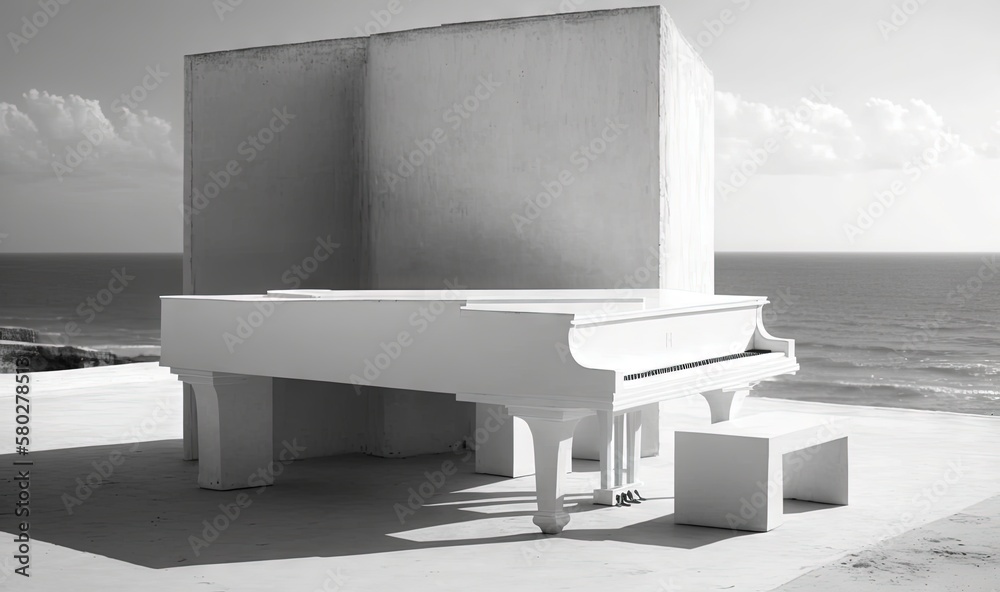  a white piano sitting on top of a cement floor next to the ocean and a building with a large window