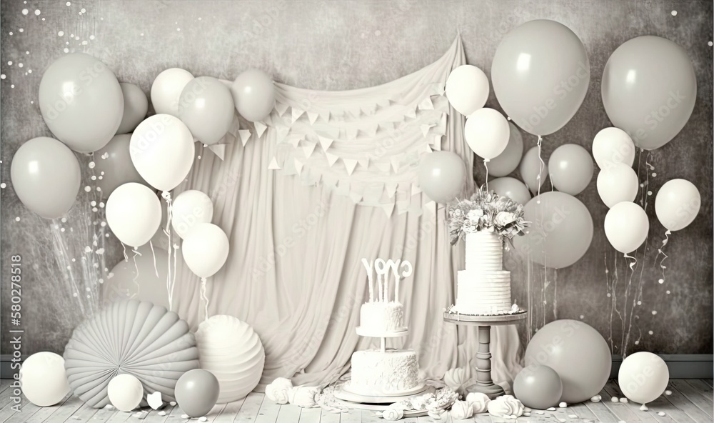  a table with a cake, balloons, and other decorations on it in front of a backdrop of white drapes a