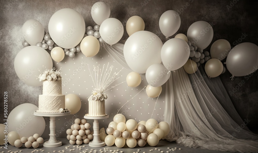  a table topped with a cake and lots of balloons next to a cake on a table covered in white and silv