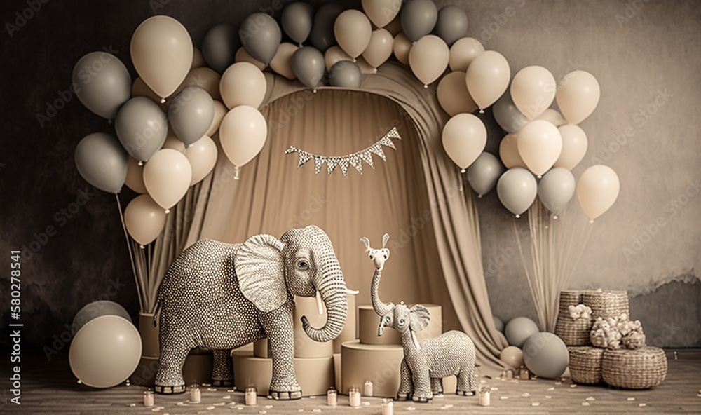  an elephant and a baby elephant are surrounded by balloons and other items in a room with a curtain