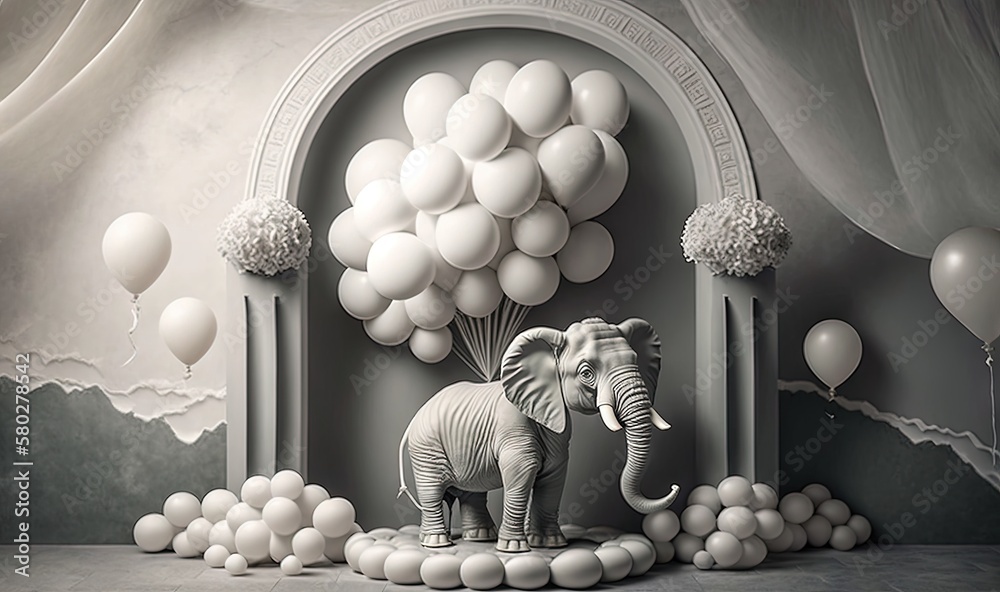  a black and white photo of an elephant and balloons in a room with a curtain and a wall with a arch