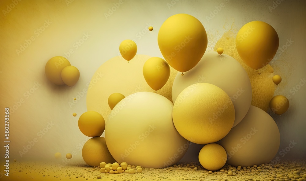  a group of balloons floating in the air over a floor covered in dirt and dirt grains, with a yellow