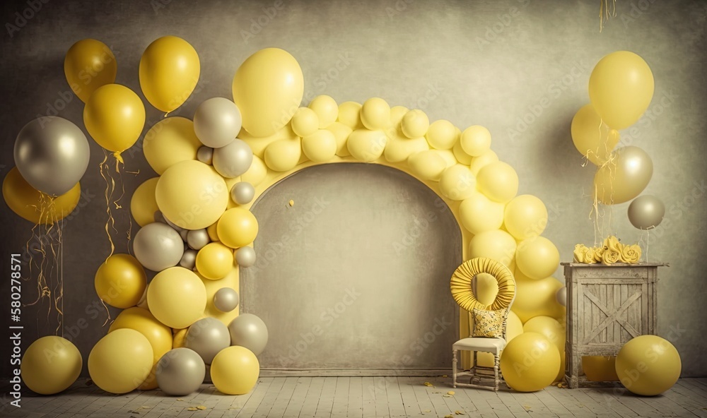  a room with balloons and a chair in the middle of the room and a wall with a arch and a chair in th