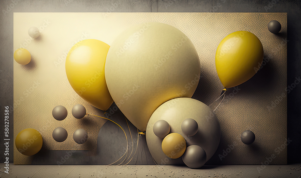  a painting of yellow and white balloons floating in the air on a beige background with a black circ