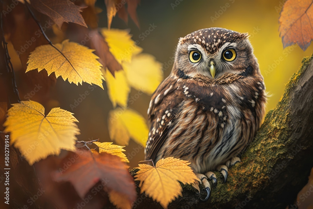 Fall in the United Kingdom, and a close up of a Little Owl (Athene noctua) sitting on a tree branch.