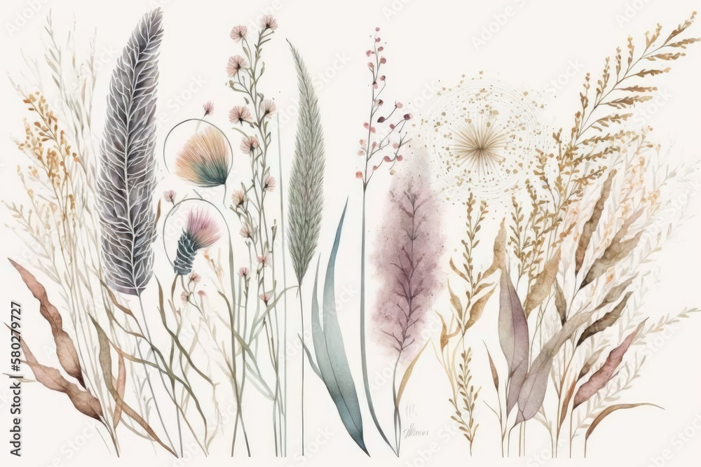 Ink and watercolor border of pampas grass and wildflowers. Modern boho floral artwork in muted tones