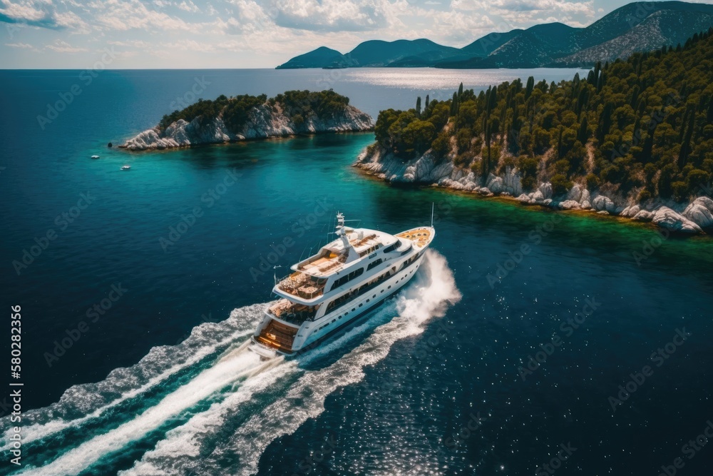 Croatia. Luxury yachts cruising the open sea. Flying over a luxury yacht in the Adriatic Sea on a br