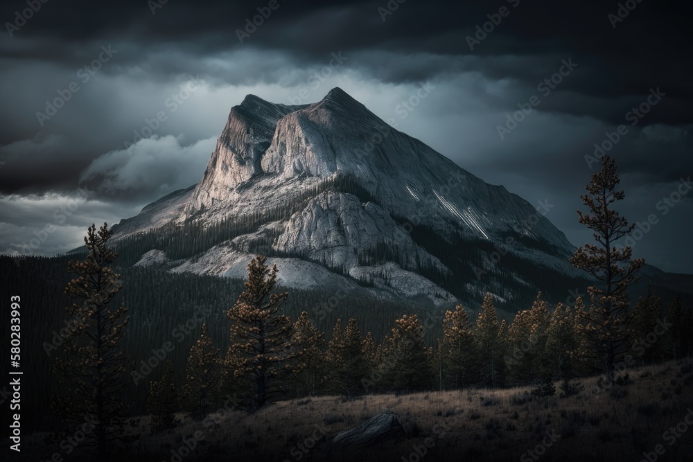 Clouded gray skies and a rocky mountain wall create a foreboding atmosphere in this landscape. A roc