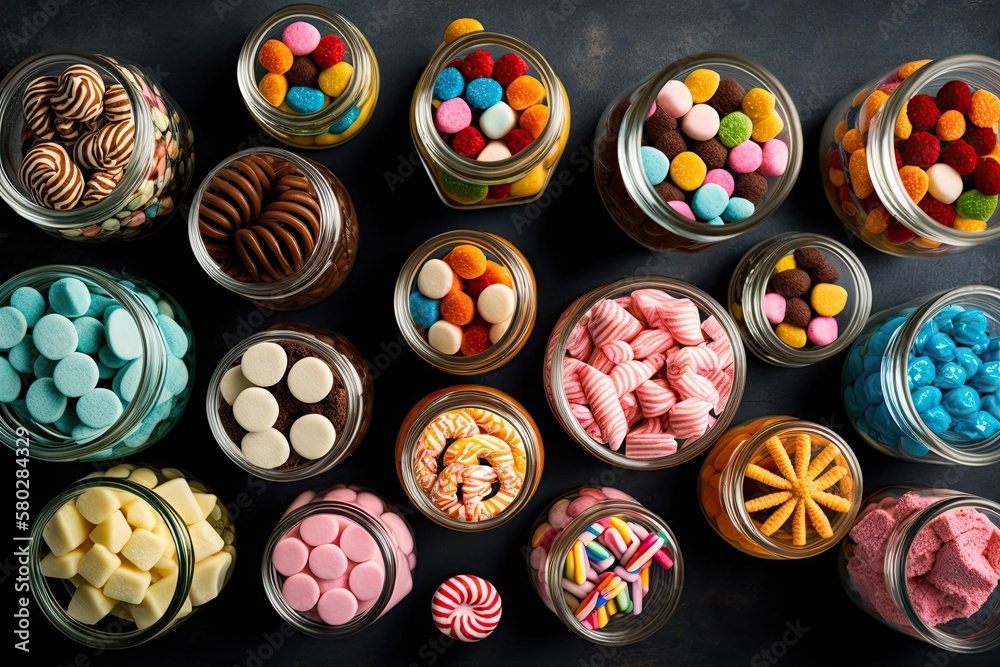 Candy in a variety of shapes and hues, stored in glass jars. Wide assortment of candies and sweets s