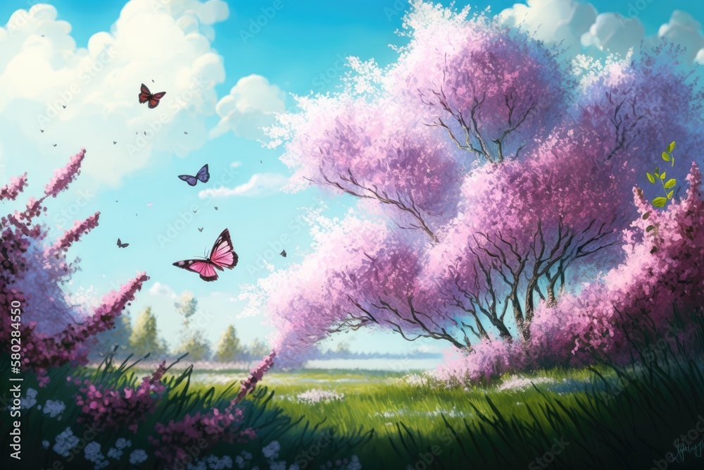 Beautiful springtime meadow scene featuring a smattering of pink lilac blossoms, a few flying butter