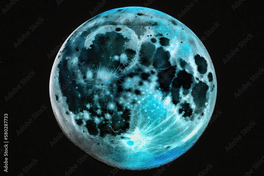 The moon is bright blue against a black background. Generative AI