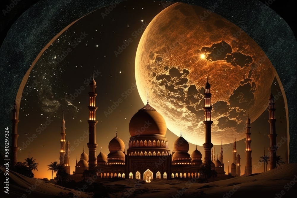 Lunar and stellar illuminations; a festive end to Ramadan. Generative AI