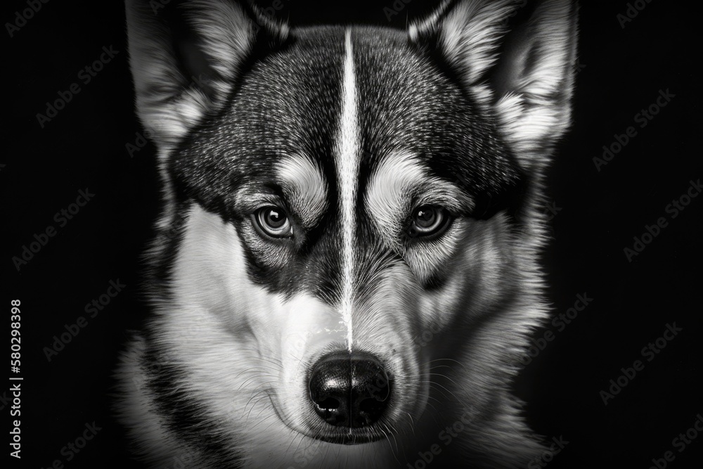 Black and white headshot of an Agouti Siberian husky with a split face. Generative AI