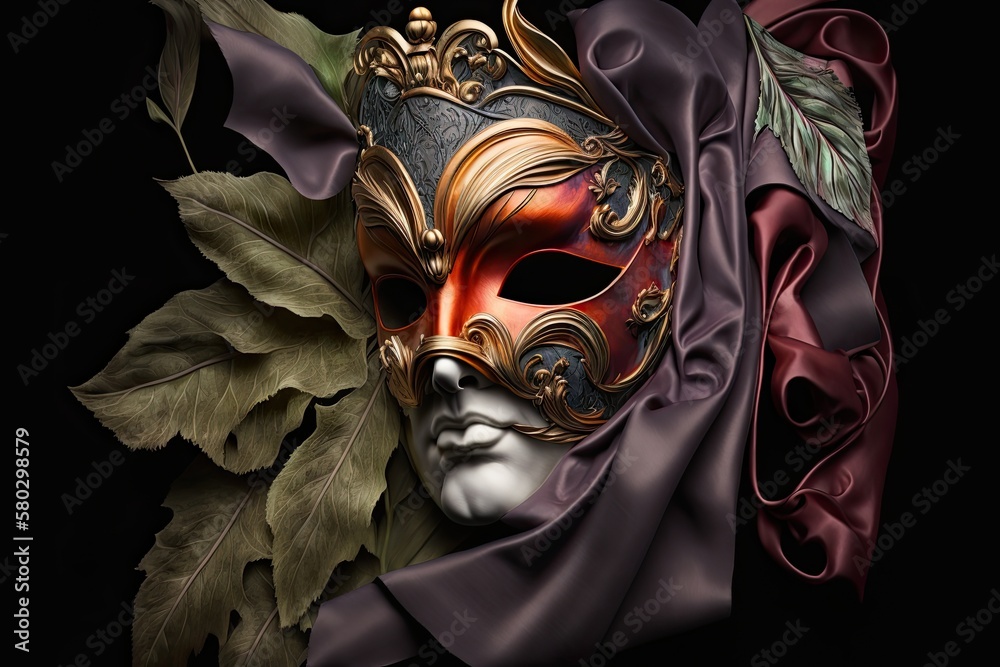 Carnevale mask on a velvety black silk background. Generative AI