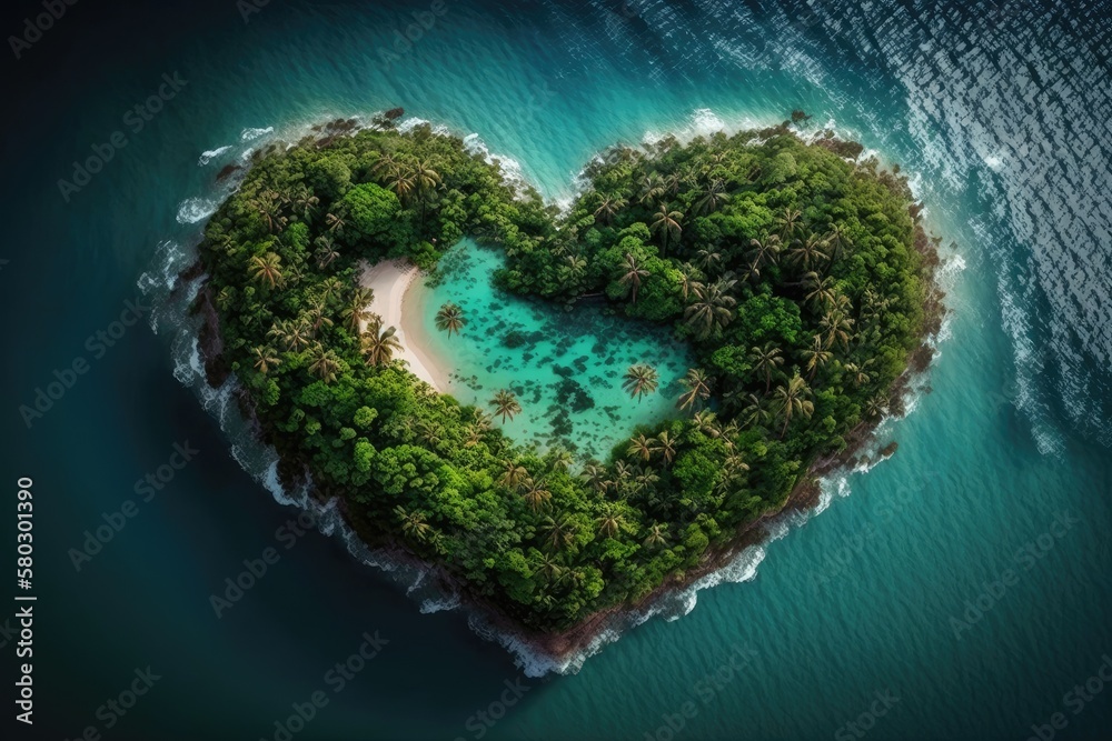 Heart shaped tropical island. Generative AI