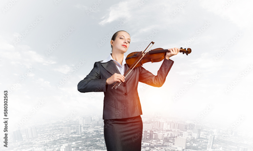 Young attractive business woman plays on skip