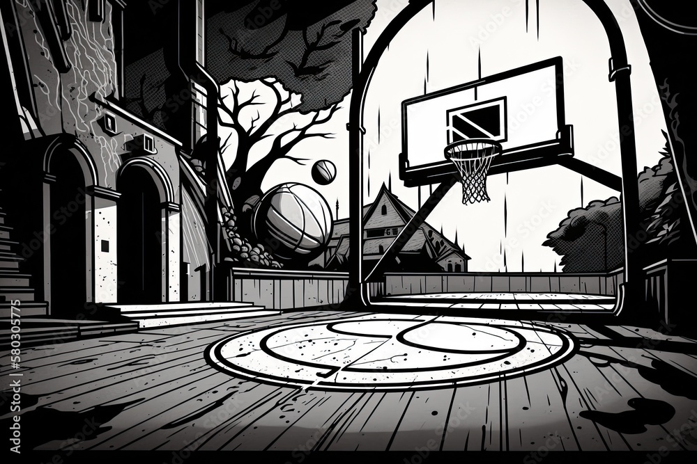 basketball court with a cartoonish hoop drawn in black and white. Generative AI