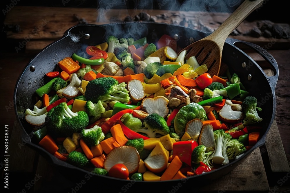 cooked vegetables in a pan stir fry. Generative AI