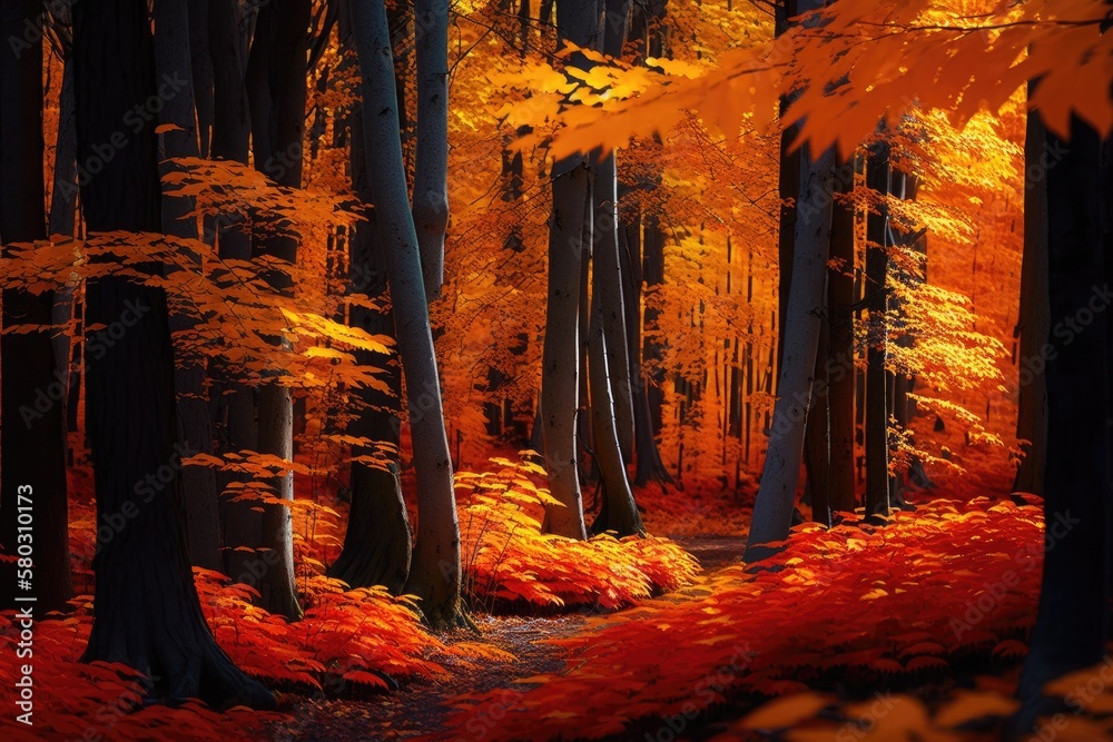 A yellow and orange autumn foliage blankets the forest floor. Early morning in a forest of towering 