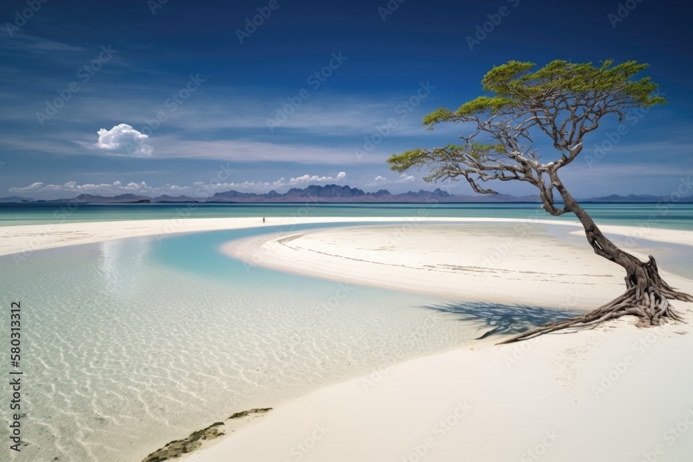 A scenic view of Malcapuya Beach, a tropical sandbar in the Philippines. Generative AI