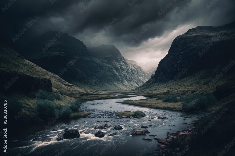 A wide mountain river winds through a misty mountain landscape dotted with hills and rocks. Mountain