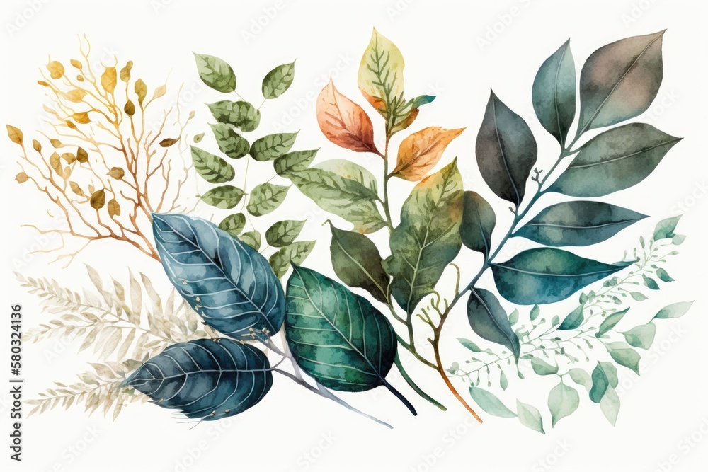 The watercolor illustration of leaves may be used as a backdrop for a summer getaway, wedding, or bi