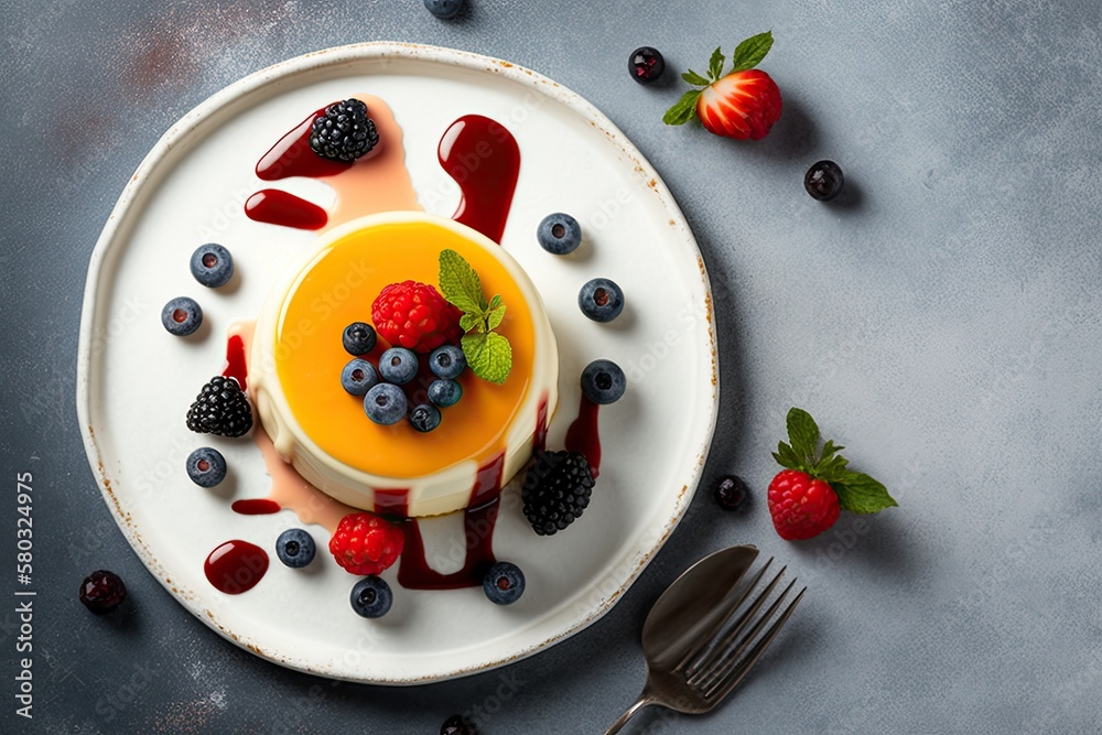 Top view of a mouthwatering panna cotta with fruit coulis and fresh berries on a light gray table. R