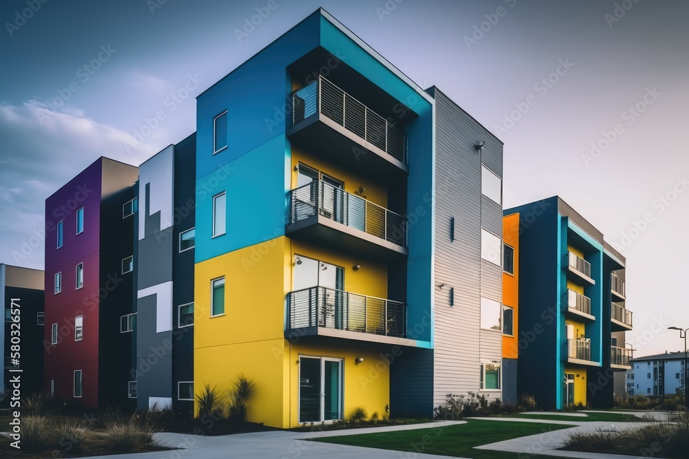 Modern apartment building with a flat roof and air conditioning that is part of a multi family, mixe