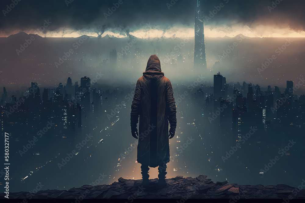 a man standing on the rooftop of a crumbling skyscraper, looking out at the city lights (ai generate