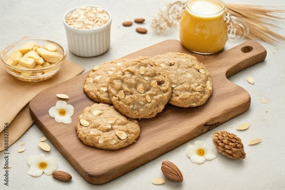 On a wooden platter with oat flakes on a white backdrop, homemade oatmeal cookies with banana, oats,