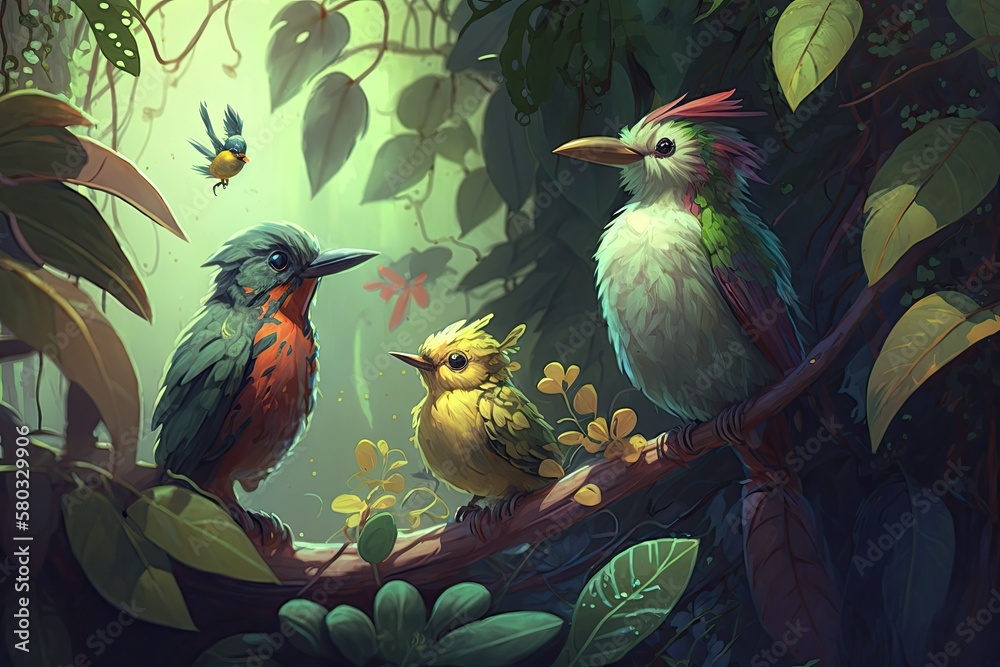 For kids wallpaper, a pastel style art painting of tropical birds among foliage and lianas. Generat