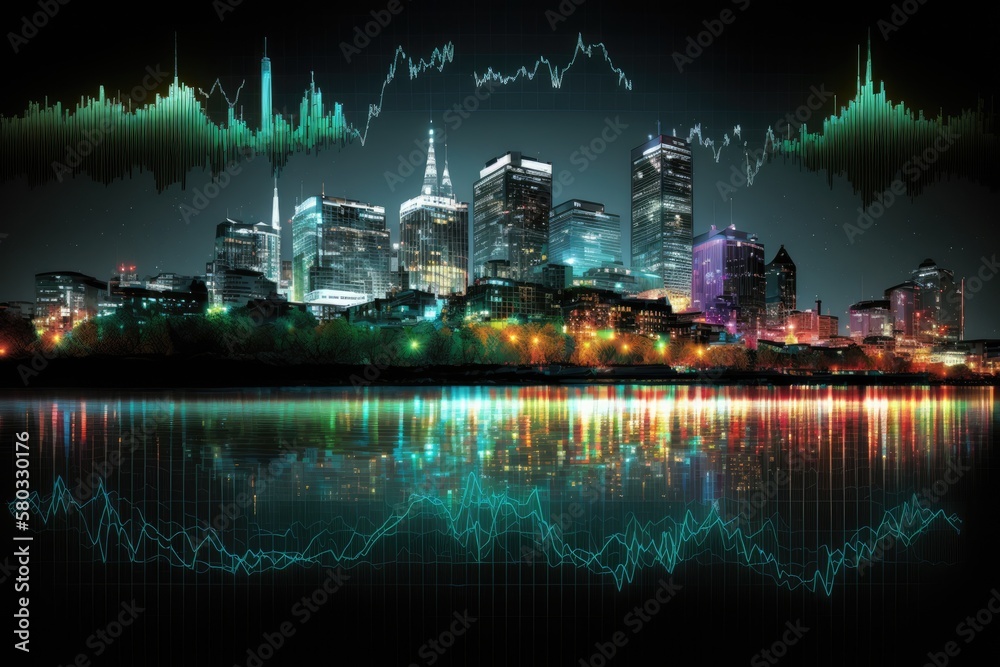 Hologram of a forex candlestick graph with a panoramic picture of Nashvilles Broadway area and the 