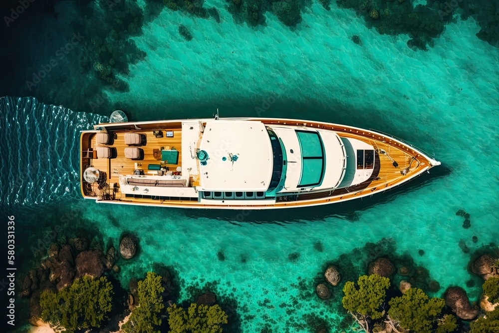 Luxury boat docked in bay of tropical exotic island with turquoise water in aerial drone top down vi