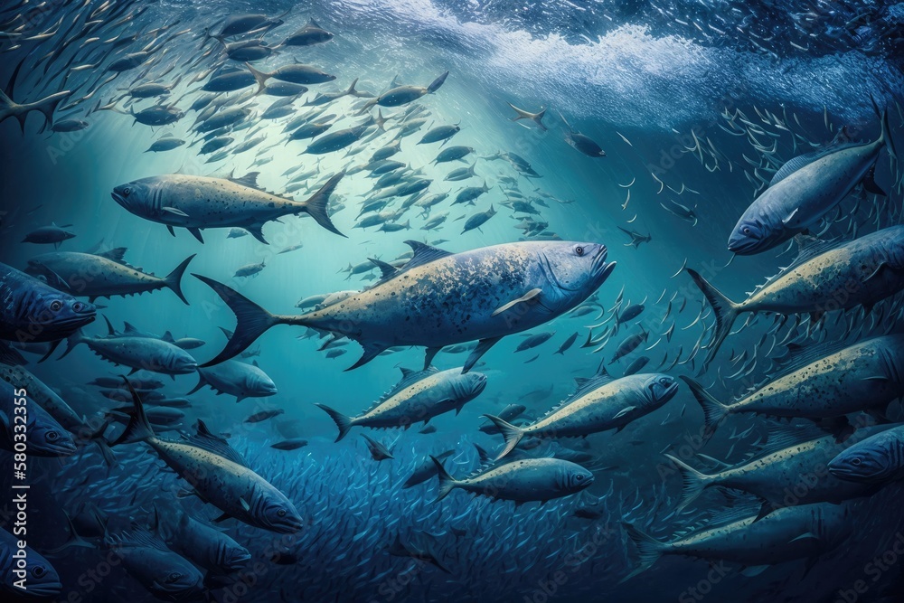 Many underwater caranx, a vast fish population, the underwater environment, and the ocean biological