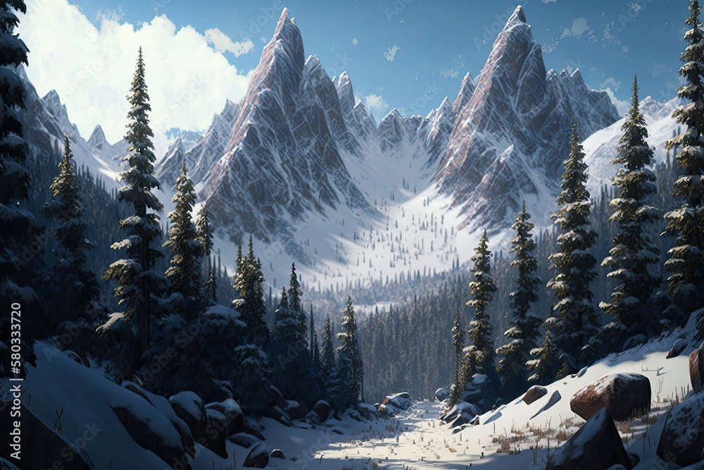 Wide view of mountains covered in thick stands of spruces and white snow. Generative AI