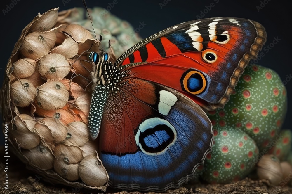 emergence and transformation of a lovely peacock butterfly, as well as butterfly pupae. Generative A