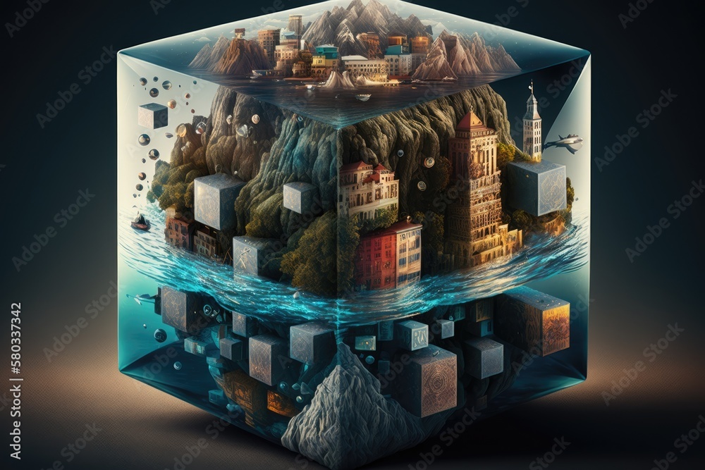 Fantasy puzzle cube with floating cities and landscapes; innovative and creative city worldwide idea