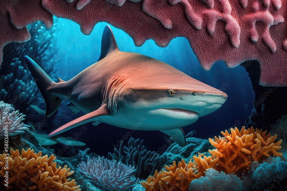 Reef shark Triaenodon obesus lazing about under a table coral. Generative AI