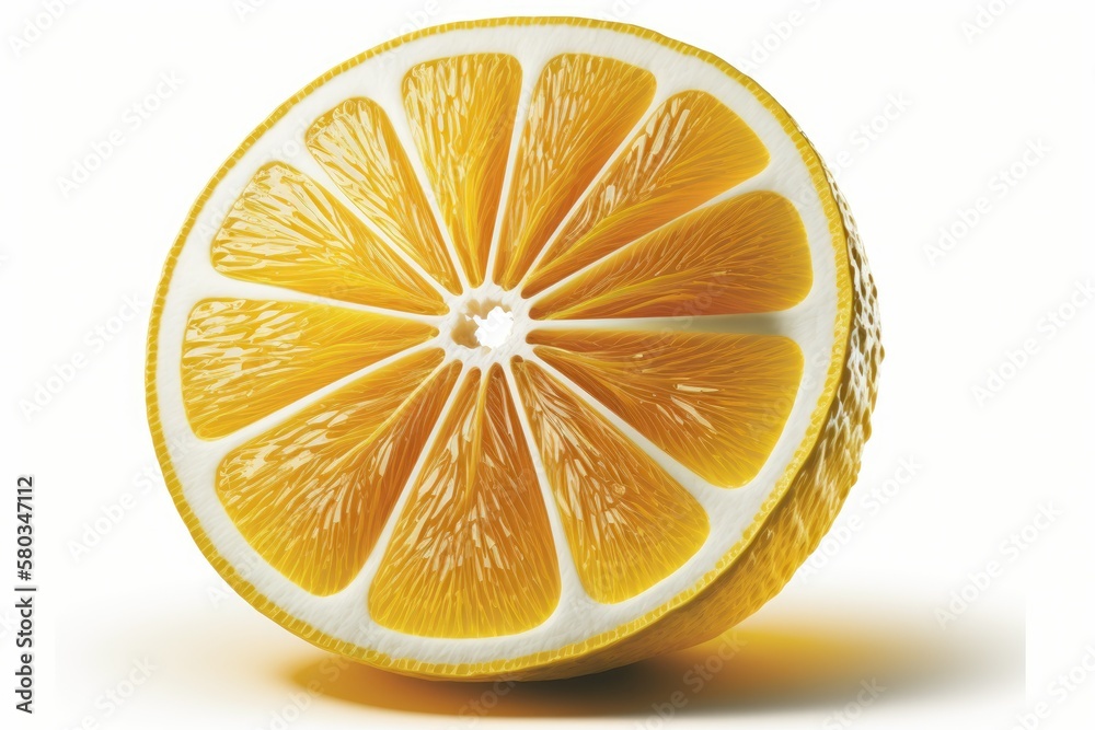 Sliced lemon fruit on a white backdrop, juicy lemon. Generative AI